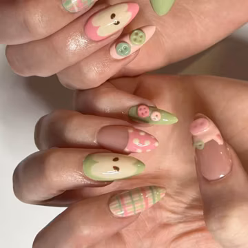 Kawaii Frog Press On Nails With Plaid, Button and Cute Character Design, Green Pink Almond Nails, Handmade Nail Art Set