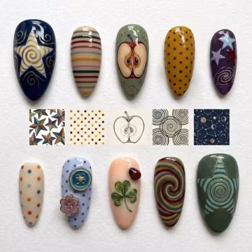 Colorful Y2K Press On Nails, Retro Whimsical Swirl Star 3D Button Apple Indie Nail Art Set Handmade Nail Art Set