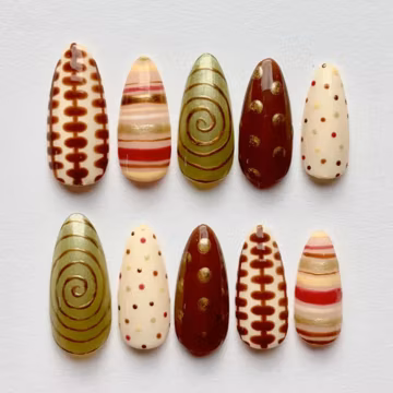 Whimsical Brown Green Press On Nails, Gold Stripe Swirl Polka Dot Medium Almond Nail Set