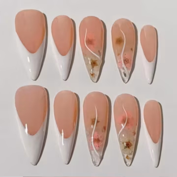 Floral French Tip Press On Nails With Elegant Design, Long Almond Bridal Nails, Handmade Nail Art Set