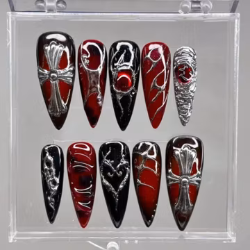 Vampire Gothic Press On Nails With Black Red Ombre, 3D Chrome Cross Chain and Web Design, Long Stiletto Punk Nails, Handmade Nail Art Set