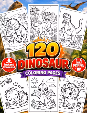 120 Dinosaur Coloring Pages for Kids | Jurasic Park Style Printable PDF (Instant Download)