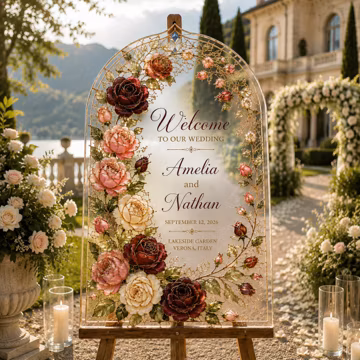 Floral Wedding Welcome Sign, Personalized Burgundy Rose Acrylic Sign, Romantic Floral Ceremony Decor, Wedding Entrance Decor