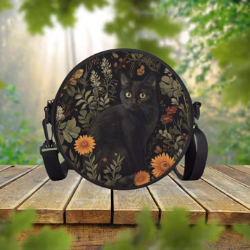 Black Cat Forest Round Satchel Bag, Vintage Woodland Nature Floral Crossbody Bag, Circle Handbag For Woman, Gift For Her