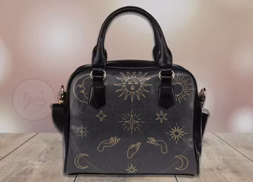 Mystical Astro Moon Sun Witchy bowler hand bag, Cute Witch PU Vegan leather shoulder strap bag, Witch purse handbag, Cute small black purse