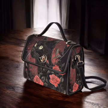 Black Cat and Red Roses Canvas Satchel bag, Witchy Black Cat Animal crossbody purse, cute black strap hand bag, hippies boho gift purse