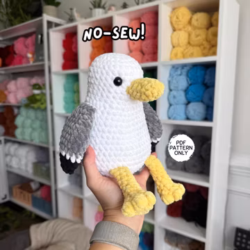 Crochet Seagull Pattern No Sew Weighted Amigurumi Stuffed Animal Market Friendly Squishy Fidget