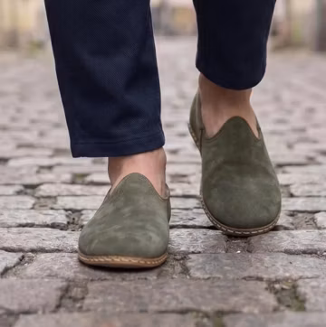 Men's Green Nubuck Natural Leather Yemeni Shoes, Zero Drop Travel Loafers