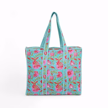 Floral Print Quilted Cotton Tote Bag: Indian Handmade Shopper