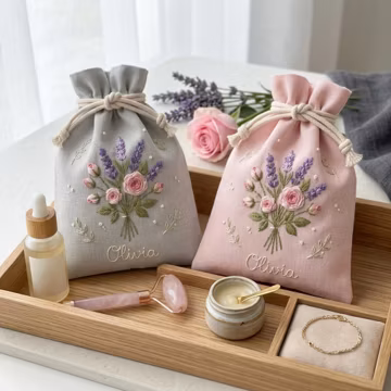 Personalized Embroidered Lavender & Rose Drawstring Bag, Cutom Linen Drawstring Bag, Floral Storage Pouch, Jewelry Gift Bag, Bridesmaid Gift