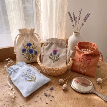 Personalized Embroidered Linen Pouch Set, Handmade Drawstring Bag, Wildflower Gift Bag Set, Jewelry Pouch, Cottagecore Decor Storage Bag