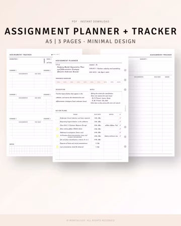 Assignment Tracker Printable A5 Ring Inserts, Student Planner Template, Homework Tracker, Minimal College Semester Planner, Digital Download
