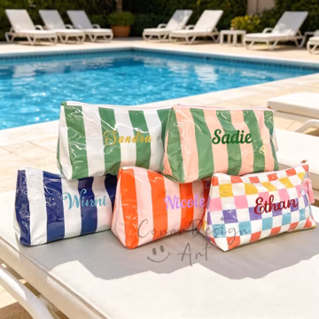 Personalized Embroidered Striped Makeup Bag, Custom Name Waterproof Cosmetic Pouch, Pool Party Makeup Bag, Summer Beach Bag,Bridesmaid Gifts