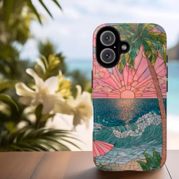 Sunset Beach Phone Case: Tropical Island Art (Glossy or Matte Finish)