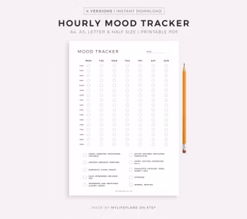 Hourly Mood Tracker Printable, Weekly Mood Journal, Emotion Tracker, Mood Chart, Wellness Planner, A4/A5/Letter/Half, Instant Download PDF