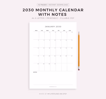 2030 Monthly Calendar with Notes, Printable Calendar Template, Minimalist Calendar, Year Calendar, Vertical, A4/Letter, Instant Download