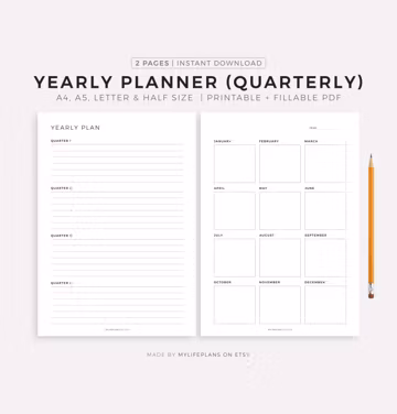 Quarterly Yearly Planner, Printable & Fillable PDF, A4/A5/Letter/Half, Instant Download