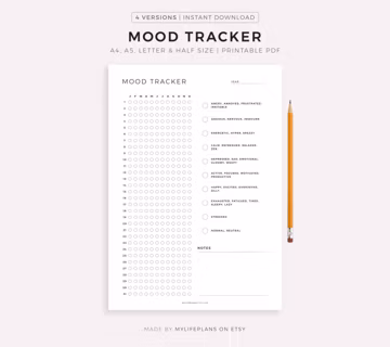 Mood Tracker Printable, A Year In Pixels, Mood Journal, Emotion Tracker, Mood Chart, Wellness Planner, A4/A5/Letter/Half, Instant Download