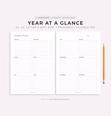 Year At a Glance, Two Page Yearly Planner Printable, 12 Month Overview, Minimalist Planner, A4/A5/Letter/Half, Instant Download PDF