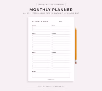 Monthly Planning Printable, To Do List Template, Task List, Goal Planner, A4/A5/Letter/Half, Instant Download PDF