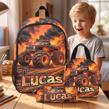 Personalized Monster Truck Backpack for Boys, Custom Name Kids School Bag, Toddler Preschool Backpack