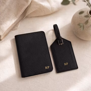Personalized Black Leather Passport Holder and Luggage Tag, Custom Passport Cover and Luggage Tag with Initials, Monogram Leather Travel Set
