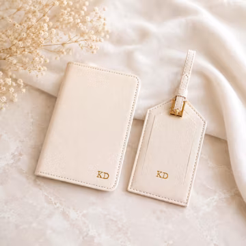 Custom Beige Leather Passport Holder and Luggage tag, Personalized Passport Cover and Luggage Tag Set, Monogram Leather Passport Case
