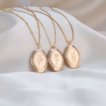 Custom Birth Flower Locket Necklace with Photo, Personalized Handwriting Engraved Bouquet Keepsake, Memorial Gift