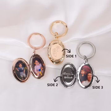 Custom Locket Keychain – Personalized Birth Flower Bouquet Engraved Keychain with Photo or Short Phrase