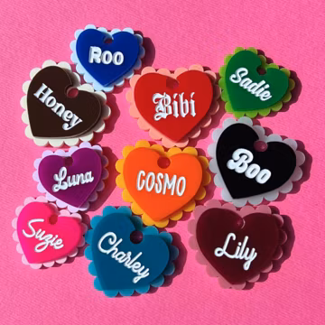 Personalized Frilly Heart Acrylic Pet ID Tag, Custom Engraved Name Dog Cat Tag