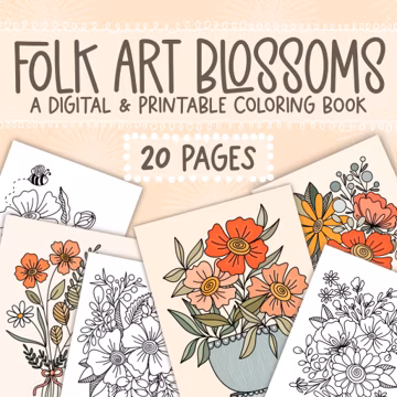Folk Art Blossoms Digital Coloring Book, Printable Coloring Pages, Coloring for Adults, Easy Coloring Pages, Floral Coloring Book, Calming