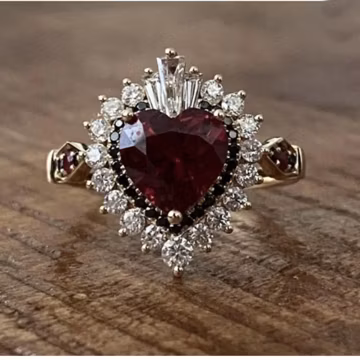 Red Ruby Heart & Black Round Cut CZ Stone Ring - Women's Wedding Ring - Heart Shape Halo Ring - Gemstone Engagement Ring - Party Wear Ring