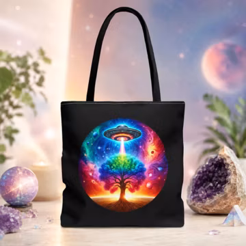 Tree of Life Tote Bag, Colorful UFO Cosmic Canvas Shopping Bag