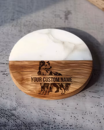 Shetland Sheepdog Coaster, Marble, Acacia Wood, Dog Lover Gift, Home Decor