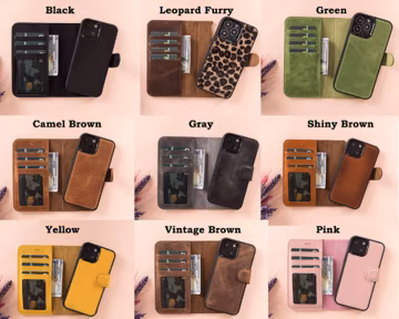 Leather Wallet iPhone Case for 17, 16, 15, 14, 13 Air Series, Fits Plus/Pro/Pro Max, Magnetic Detachable, Card Slots, Personalized Gift