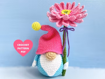 Flower Gnome Crochet Pattern, Birthday gnome with Gerbera, Gerbera gnome, amigurumi flower, birthday party décor, garden gnome