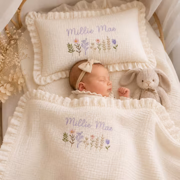 Personalized Muslin Baby Blanket & Pillow With Name, Custom Embroidered Baby Gift, Luxury Newborn Set Gift