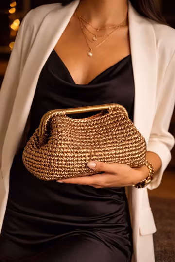 Woven Leather Metallic Top Handle Clutch Bag : Handmade Bronze Evening Purse , Statement Gold Handbag, Luxury Raffia Party Bag