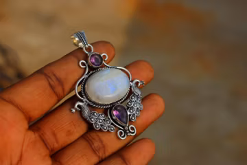 Oval Natural Moonstone Gemstone With Amethyst Stone Pendant Necklace Jewelry\ Silver Oxidized pendant necklace\ Moonstone Jewelry