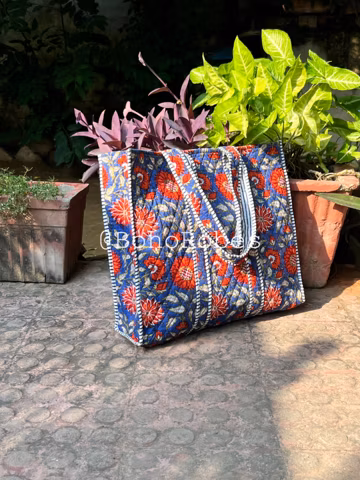 Quilted Large Cotton Tote Bag: Boho Shopping Bag