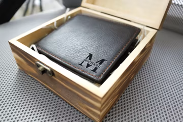 Personalized Monogrammed Engraved Genuine Leather Bifold Mens Wallet - Father's Day gift with personalized wooden box