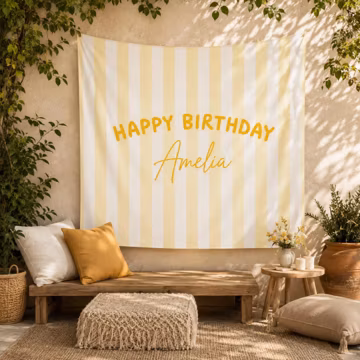 Happy Birthday Sheet Backdrop, Personalized Birthday Name Banner, Stripe Party Backdrop Sign, Fabric Birthday Sign, Boho Wall Art Deco