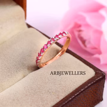 Pink Zircon Half Eternity Ring, Rose Gold Stackable Band, Dainty Wedding Band for Women, Minimalist Anniversary Gift, Red Zircon Ring