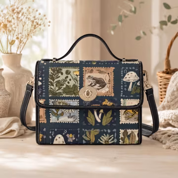 Cottagecore Satchel Bag, Vintage Stamp Print Crossbody Purse with Frog Mushroom Botanical Print