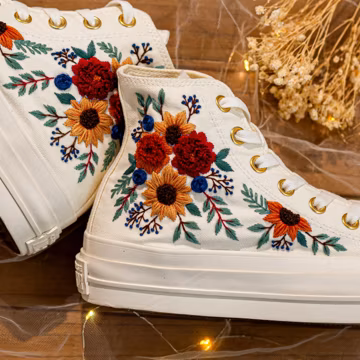 Terracotta Sage Green Wedding Bouquet Embroidered Converse, Burnt Orange Rust Flowers Shoes, Boho Bridal Arrangement Embroidery Sneaker
