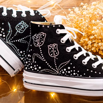 Unique Custom Embroidered Converse High Top, Converse Shoes Studded Pearl & Rhinestone With Tullip Design, Women Custom Sneaker, Luxury Gift