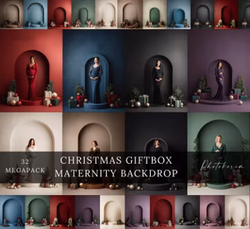 Christmas backdrop for maternity portraits, holiday arch, studio background, gift boxes composite (JPG)