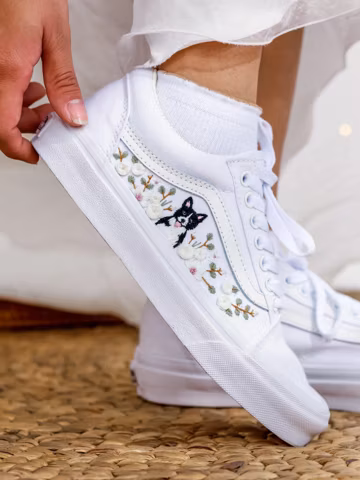 Custom Cat Embroidered Vans, White Flower Wedding Sneakers