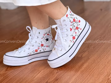 Embroidered converse/ Custom Converse Platform/ Custom Converse Red Flower Truss Embroidery/ Custom Logo Rose Flower/ Personalized Shoes
