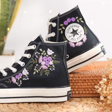 Custom Embroidered Converse High Tops, Purple Flowers Embroidered Shoes Women, Floral Embroidery Converse, Wedding Sneakers, Gift for Her